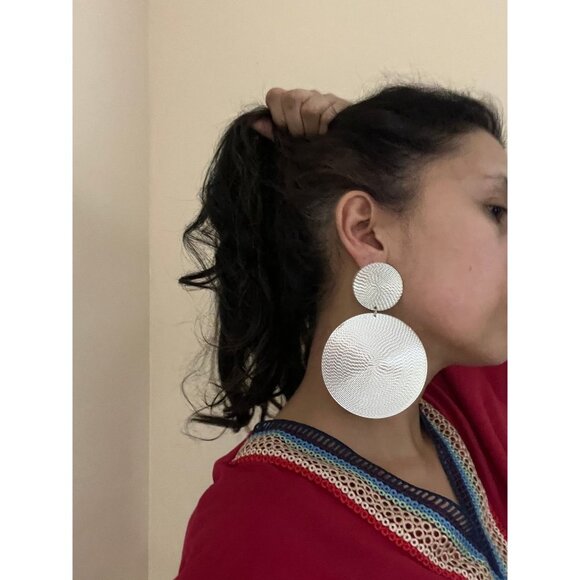 Big Silver earrings disc large metal huge bold statement round circle chunky - Picture 3 of 7